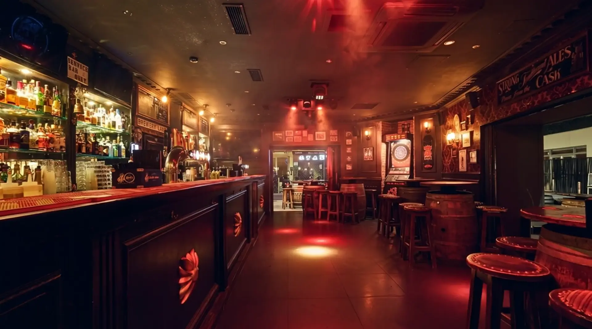 La salle du fond baignée de rouge, cabine DJ et machines d'arcade.