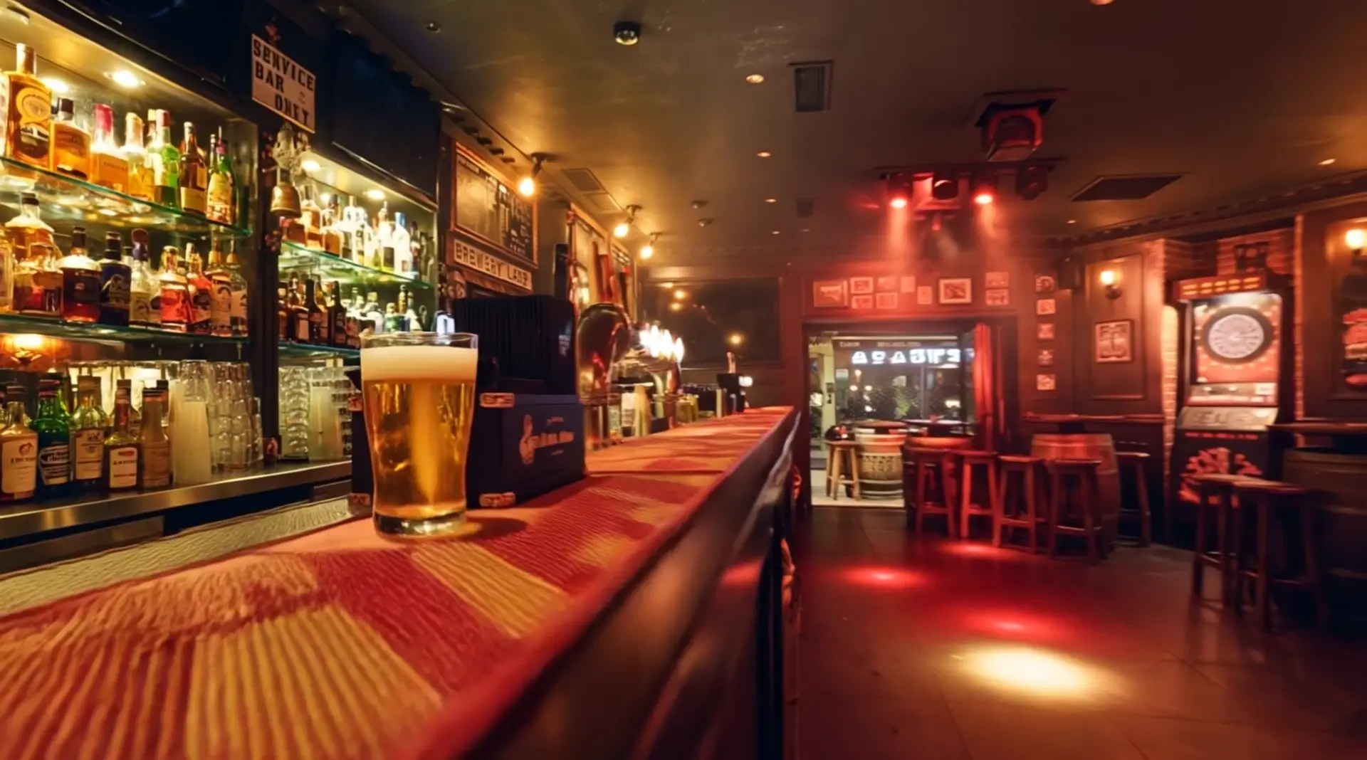 La cible de fléchettes électronique au fond du bar, sous la lumière rouge.