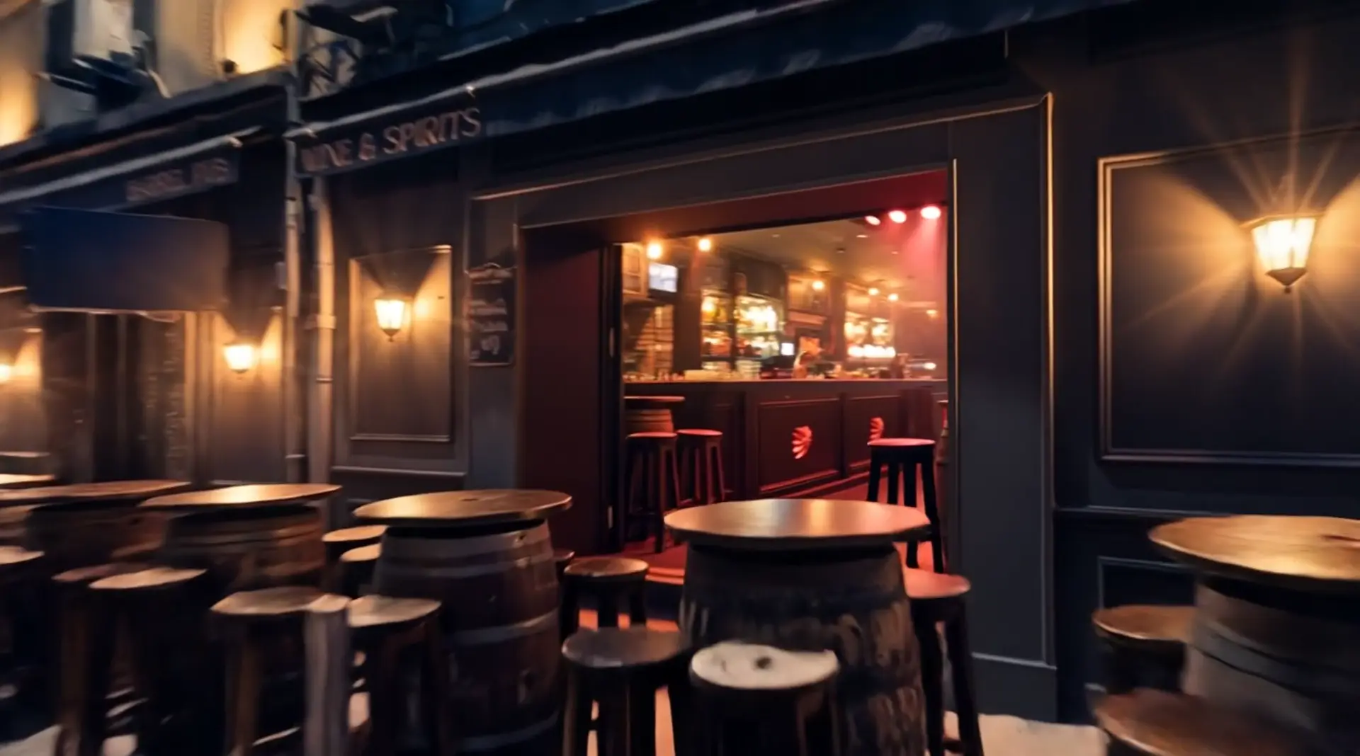 Le passage de la terrasse aux tonneaux vers l'intérieur rouge du pub.