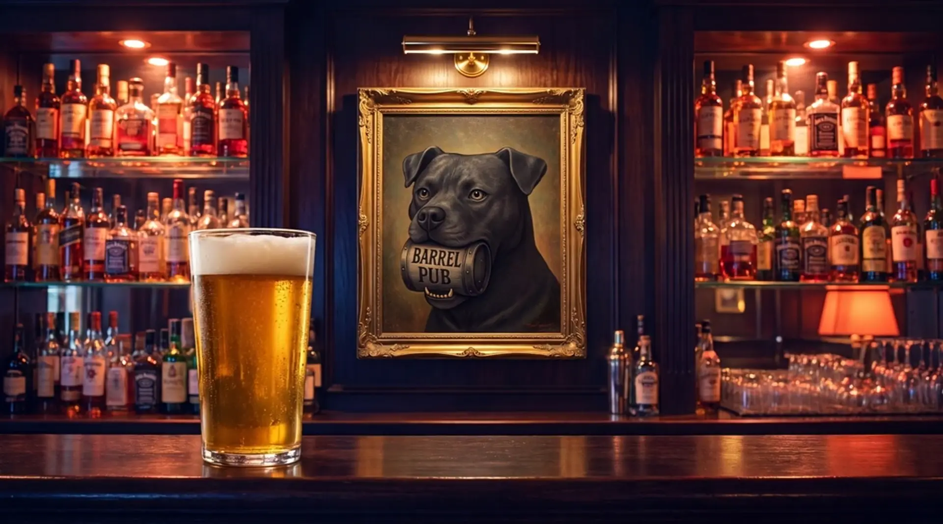 Le bar du Barrel Pub : une pinte fraîche devant le portrait doré du staffie au tonneau.